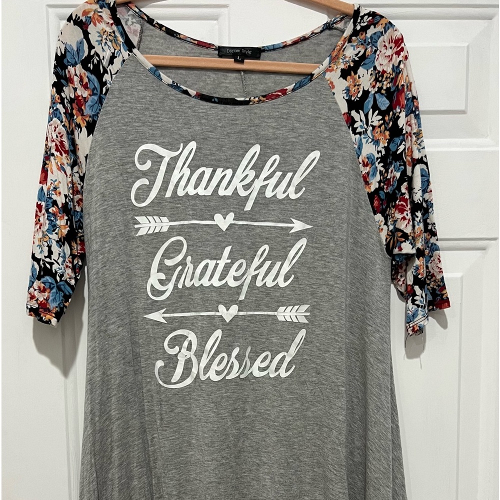 Thanksgiving Tunic Tee with Floral Elbow Sleeves  and Handkerchief Hemline (L)